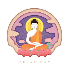 Happy vesak day or buddha purnima paper art. Lord Buddha meditating on lotus in flat design. 3D paper cut greeting card. Vector illustration.