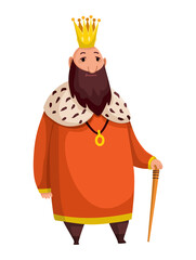 Cartoon king wearing crown and mantle. Fat king with stick standing. Color  illustration