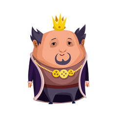 Cartoon king wearing crown and mantle. Fat king standing. Color  illustration