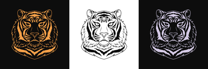 Gold, black and silver tiger head, set of isolated outline tiger face