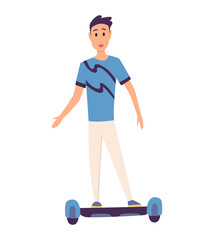 Young handsome man riding an giroboard, modern outdoor transport, standing pose. People riding electric. Design for rent service a quick eco ride.  illustration in flat style