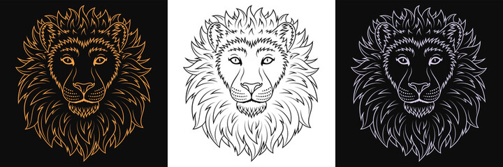 Fototapeta na wymiar Gold, black and silver lion head, set of isolated outline lion face