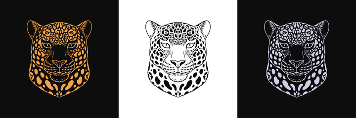 Gold, black and silver jaguar head, set of isolated outline jaguar face. Spotted panther, predatory wildcat - obrazy, fototapety, plakaty