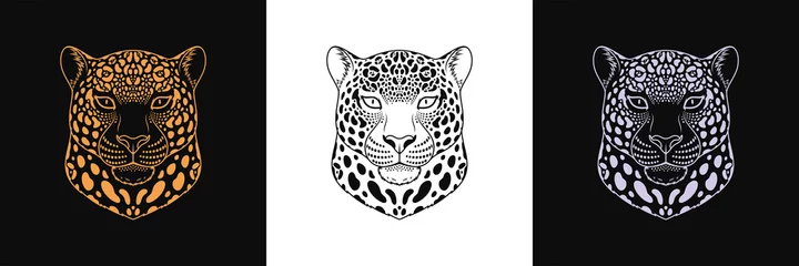 Foto op Plexiglas Gold, black and silver jaguar head, set of isolated outline jaguar face. Spotted panther, predatory wildcat © Дмитрий Майер