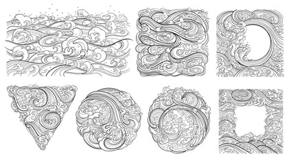 A set of vector contour elements, templates on the theme of waves in an oriental style.