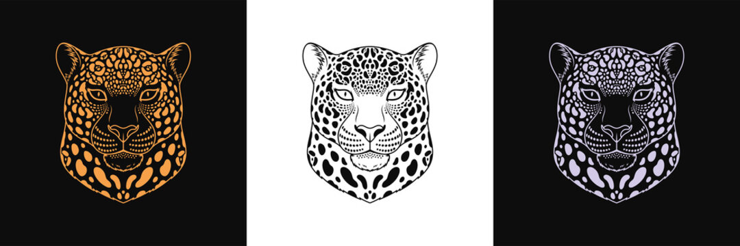 Gold, black and silver jaguar head, set of isolated outline jaguar face. Spotted panther, predatory wildcat