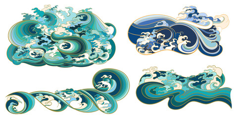 A set of vector elements, templates on the theme of waves in an oriental style. - 434144422