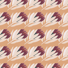 Fototapeta premium Nature seamless pattern with hand drawn grey and purple protea flowers shapes. Beige background.