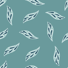 Geometric foliage seamless pattern with abstract leaf shapes. Turquoise pale background. Simple style.