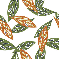 Isolated seamless foliage pattern with green and brown leaves silhouettes. White background.