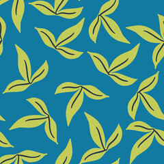 Naklejka na ściany i meble Bright botanic seamless pattern with random green simple leaf ornament. Blue background.