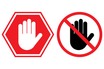 Stop sign, white hand in red octagonal, vector. Stop hand vector warning icon for no entry or don't touch sign. - obrazy, fototapety, plakaty