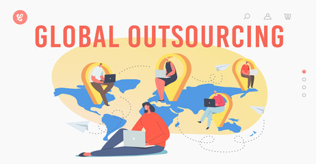 Global Outsourcing Landing Page Template. Businesspeople with Laptop Sitting at Navigation Pins on World Map