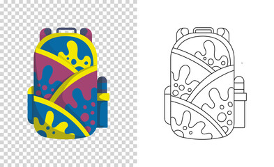 Colorful backpack of pupil. Kids school bag. Extravagant student satchel. Education and study, school backpack icon. Sketch and color style  illustration