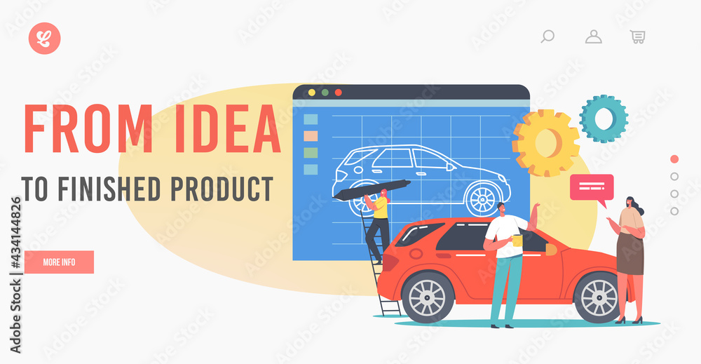 Poster from idea to finished project landing page template. car prototyping process, transportation prototy