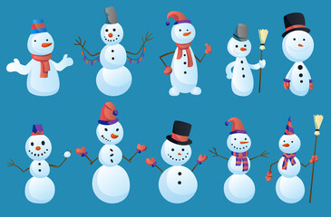 Set of Snowmans in different poses with top hat and scarf isolated on white background. Winter theme.  character illustration