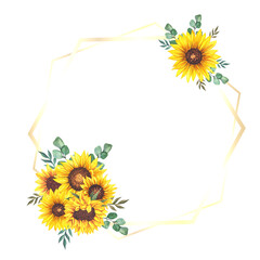 Floral Frames with Sunflowers and Leaves. Watercolor sunflower frame. White background. Watercolor floral. Botanical Drawing.