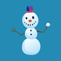 Snowman holds a snow ball with top hat isolated on white background. Winter theme.  character illustration