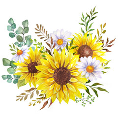 Watercolor wildlowers bouquet, hand painted sunflower bouquets, sunfower flower arrangement. Wedding invitation clipart elements. Watercolor floral. Botanical Drawing. White background.