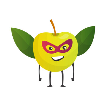 Cartoon superhero apple. Fruit in mask and cape. Cute childish cartoon character. Funny cartoon fruit in superhero costume. Logo concept of healthy diet.  illustration