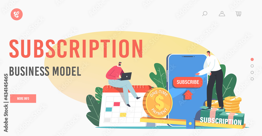 Poster subscription business model landing page template. tiny characters at huge mobile phone with button 