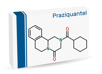 Praziquantel, PZQ, molecule. It is anthelmintic drug for treatment cysticercosis, schistosome, cestode and trematode infestations. Skeletal chemical formula. Paper packaging for drugs