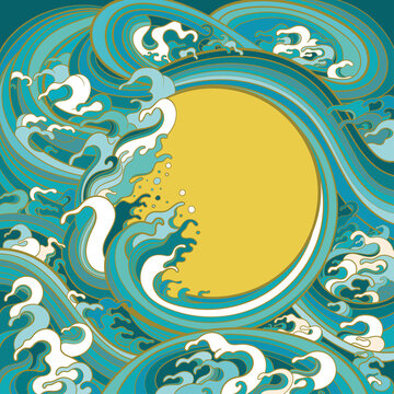 Vector colour illustration for graphic design. Frame template with the image of sea waves in traditional oriental style.