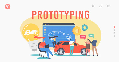 Fototapeta na wymiar Car Prototyping Landing Page Template. Engineer Designer Characters Perform Automobile Prototype Project