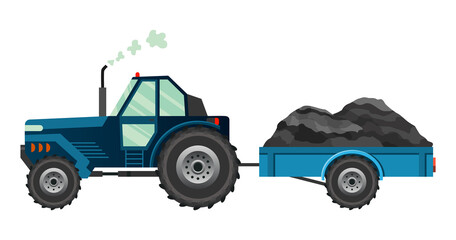 Blue farm tractor which carries a trailer. Heavy agricultural machinery for field work transport for farm in flat style. Farm tractor icon. Isolated flat style,  illustration