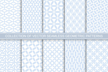 Collection of seamless ornametal delicate geometric patterns - blue and white symmetric textures. Vector repeatable backgrounds