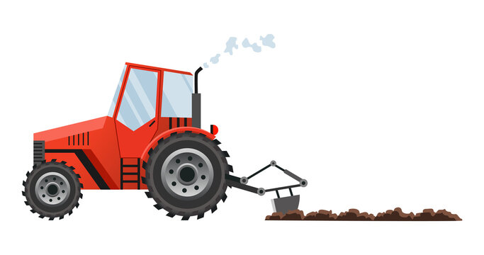 Fototapeta Red farm tractor cultivates the land. Heavy agricultural machinery for field work transport for farm in flat style. Farm tractor icon. Isolated flat style,  illustration