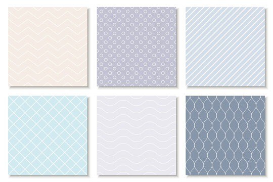 Collection of seamless geometric minimalistic patterns - delicate design. Vector colorful trendy endless backgrounds, cards