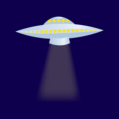 silver flying saucer with lights on a dark blue background, vector illustration