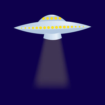 silver flying saucer with lights on a dark blue background, vector illustration
