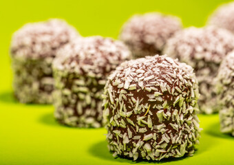 chocolate marshmallows covered with coconut flakes