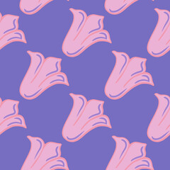 Seamless pattern with pink simple tulip buds silhouettes ornament. Blue background. Doodle style.
