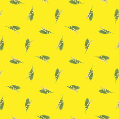 Abstract geometric style seamless pattern with green lily of the valley ornament. Yellow bright background.