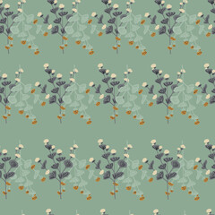 Vintage seamless pattern with doodle blossom ornament. Turquoise and green pastel background palette.