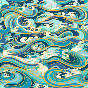 Marine seamless pattern with water waves in oriental style