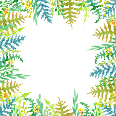 Fototapeta premium watercolor square frame of stylized leaves, branches and herbs on a white background. decorative illustrations for invitations, cards and decor.