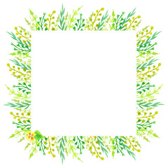 watercolor square frame of stylized leaves, branches and herbs on a white background.
decorative illustrations for invitations, cards and decor.