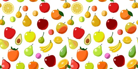 The most popular fruits are fruit trees. Isolated. Background image. Cartoon flat style. Apples, pears, plums, bananas, oranges, lemons, persimmons, avocados. Vector