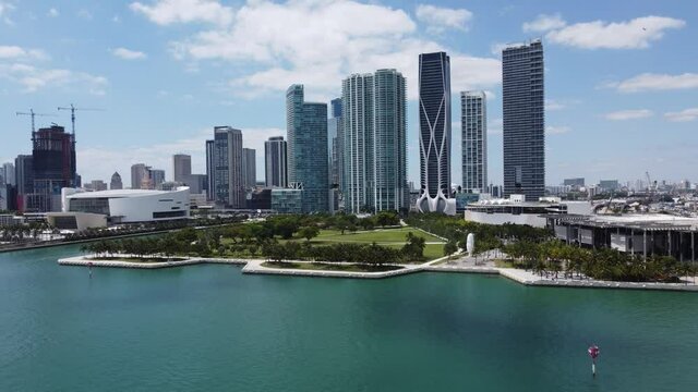 Biscayne Bay Downtown Miami Brickell Avenue Area of South Florida 4K Drone Aerial View