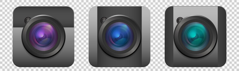 Photo camera icons set. Collection of realistic colorful camera lens isolated on transparent background. 3d icon front view with flare symbol. Vector illustration EPS10