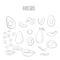 Vector set of hand drawn outline black avocado. Food hand drawn vector illustration. Design for packaging, weddings, fabrics, textiles, wallpaper, website, postcards.