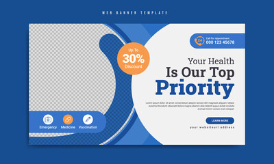 Medical healthcare service web banner template design. Website home page layout with logo & icon. Health business marketing video thumbnail or cover for doctor, nurse, dentist, clinic and hospital.