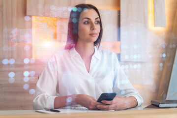 Attractive businesswoman in white shirt using smart phone to check new candidates for international business consulting. HR, social media icons over modern office background.