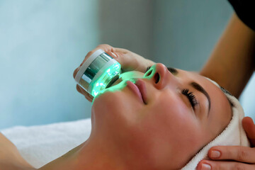 Beautician doing led light therapy to woman in SPA salon, facial phototherapy for skin pore cleaning
