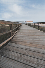 Fototapeta na wymiar Vertical shot of a wooden path near the Mediterranean sea in Spain