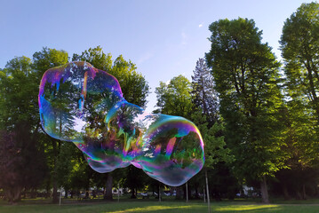 Gigantic soap bubbles shimmer and glimmer in the sun as colorful kids fun with fragile lightness as...